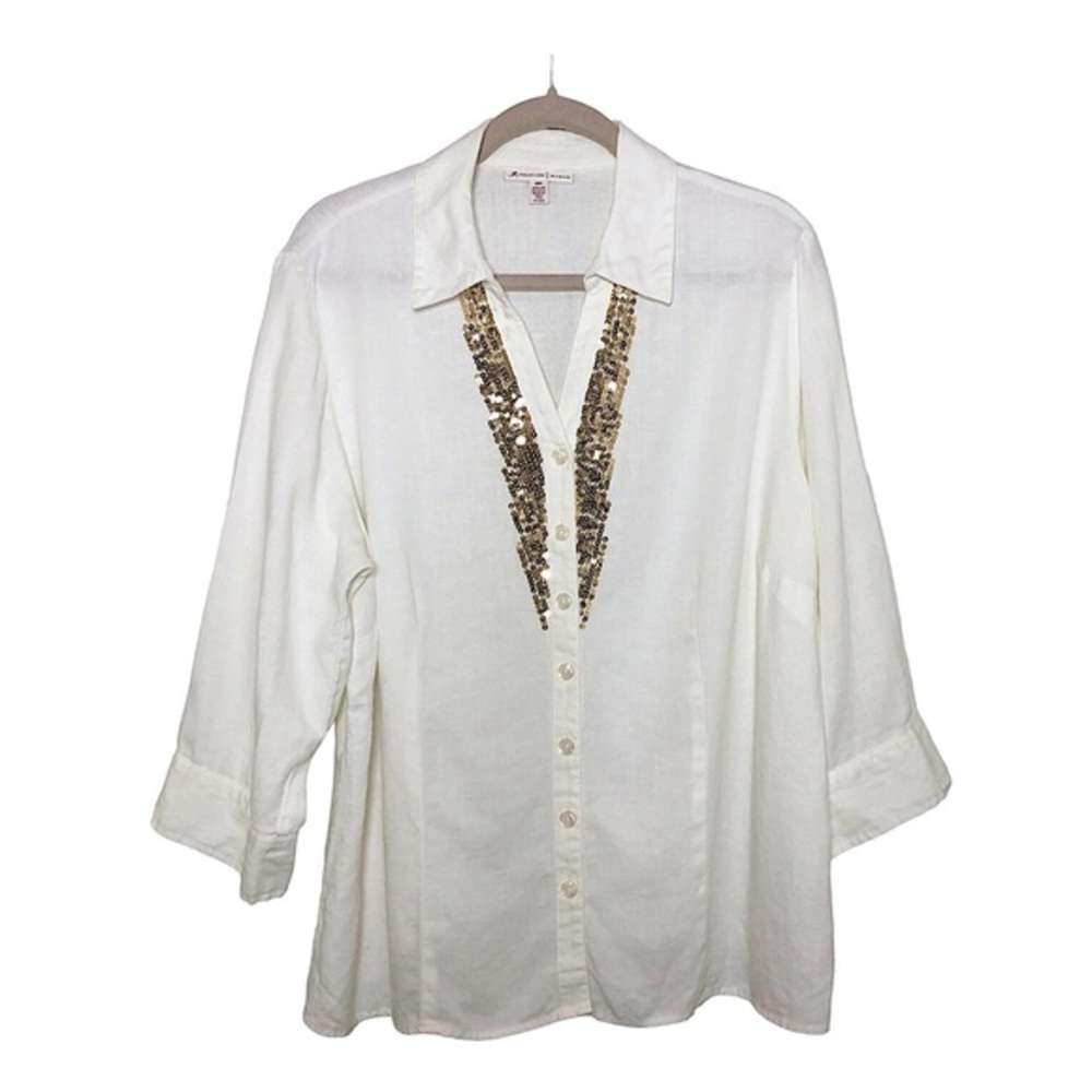 JM‎ Collection 💯 % Linen Off White Button Down Sequins Detail Collar Shirt 18